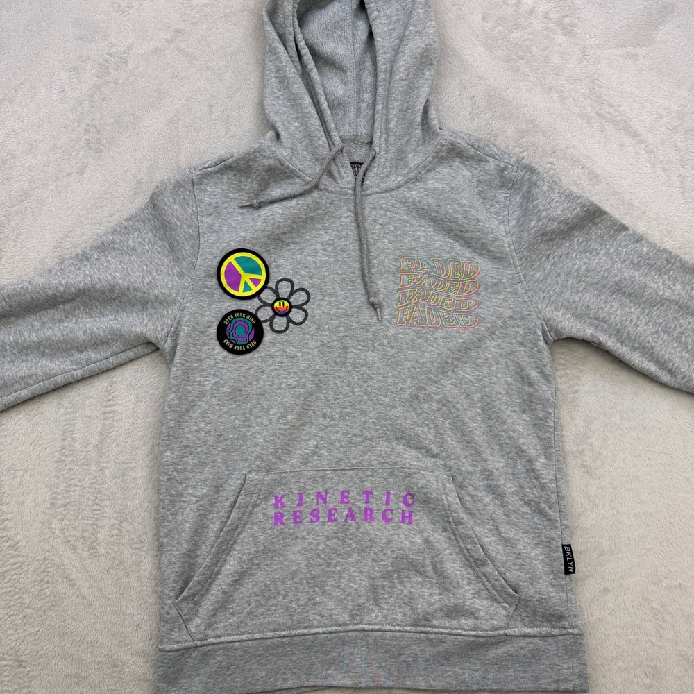 Brooklyn Cloth Hoodie Men Small Gray Psychedelic Faded Graphic Trippy Streetwear